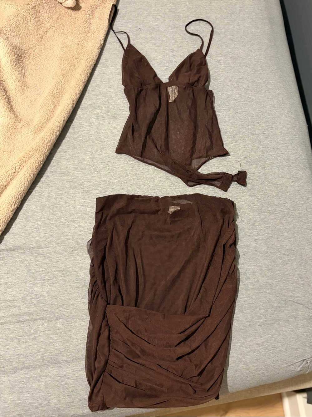 Brown Mesh Translucent Bodysuit and Skirt Set